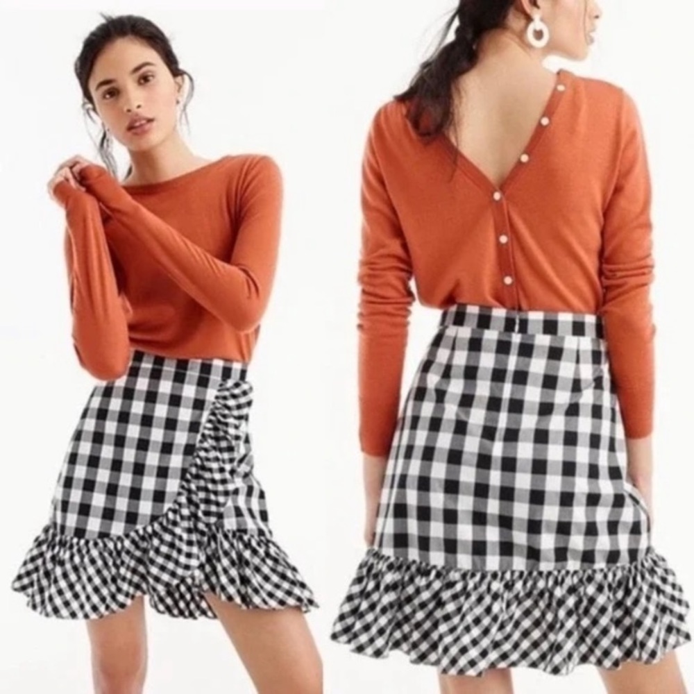 🌺 J.Crew Black and White Gingham Poplin Ruffle Skirt